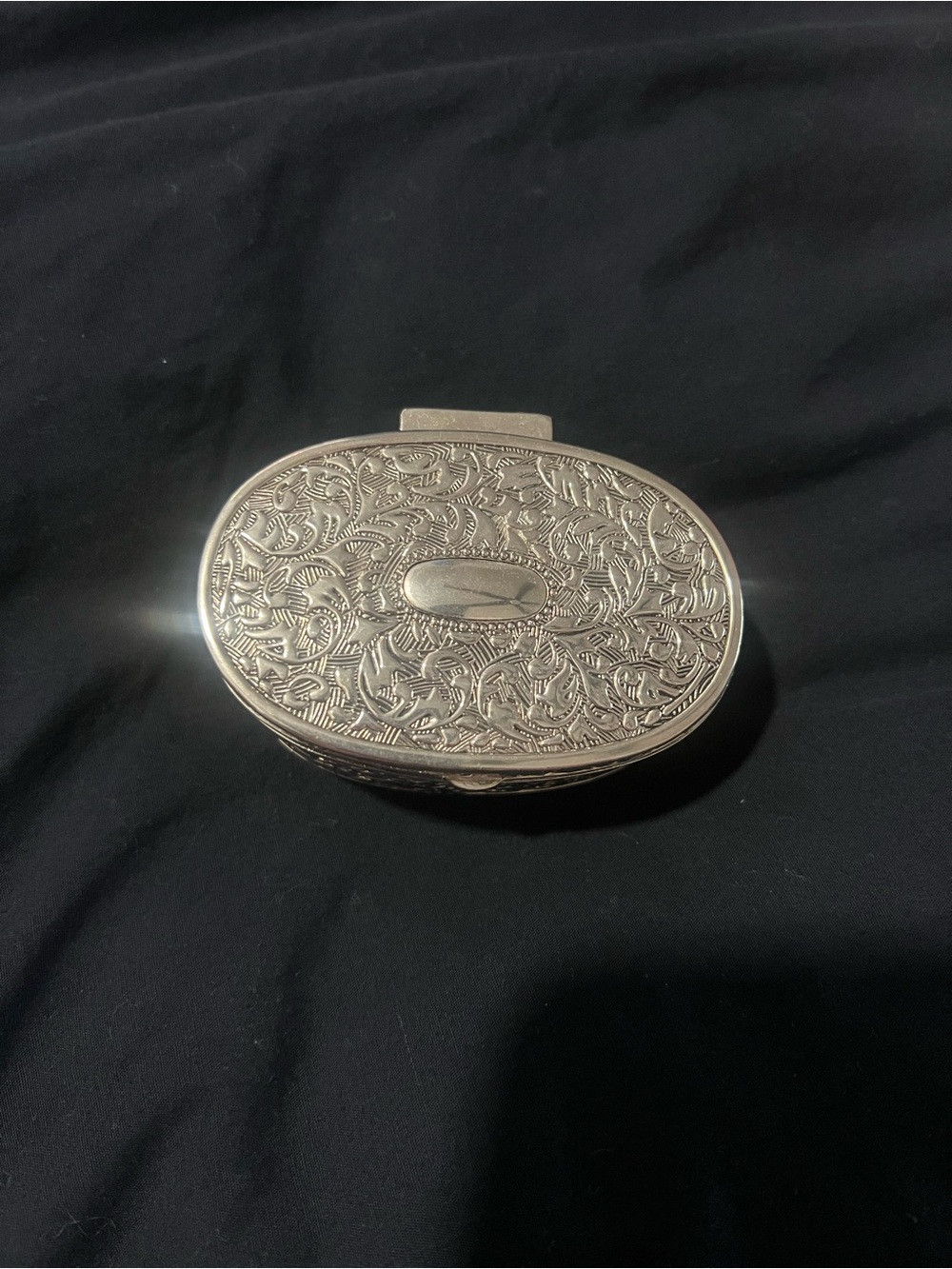 Ornate Silver-Tone Oval Pill Box - Women Accessories